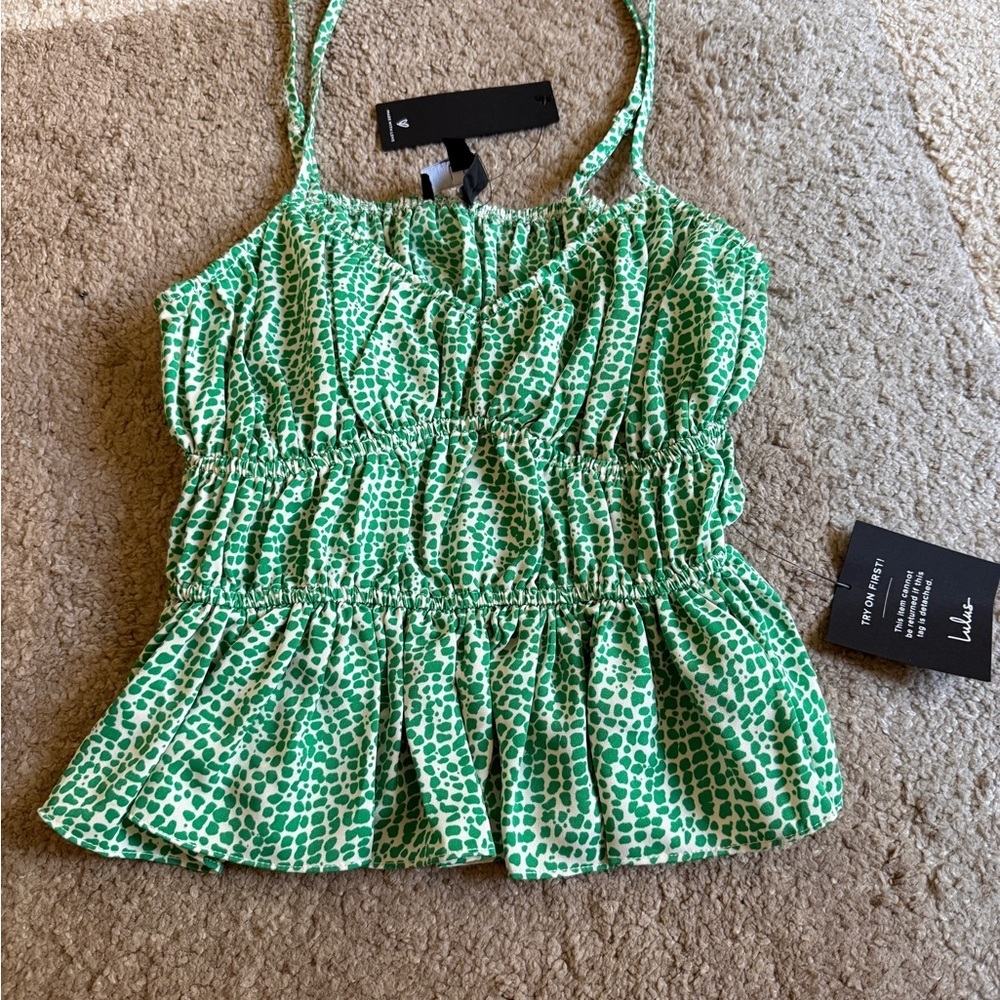 Lulu's Green and White Patterned Peplum Tank Top- Size Small